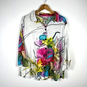 Parsley Sage Top 2X Button Up Shirt Jersey Knit Art to Wear Artsy Maximalist